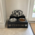Personalized german shorthaired pointer dog metal dog bowl stand with custom name cutout and two removable feeding bowls