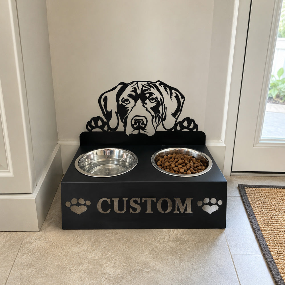 Personalized german shorthaired pointer dog metal dog bowl stand with custom name cutout and two removable feeding bowls