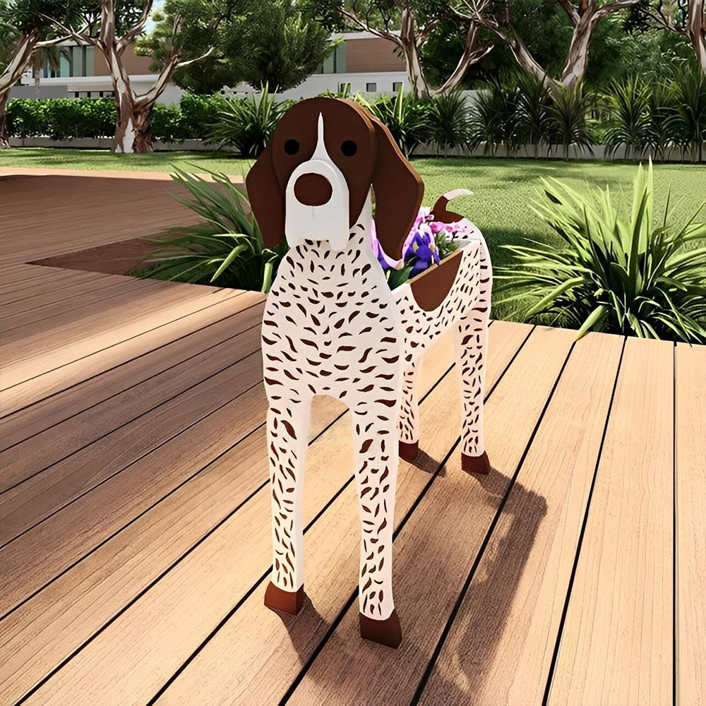 German Shorthaired Pointer dog planter filled with fresh flowers is placed in the garden.