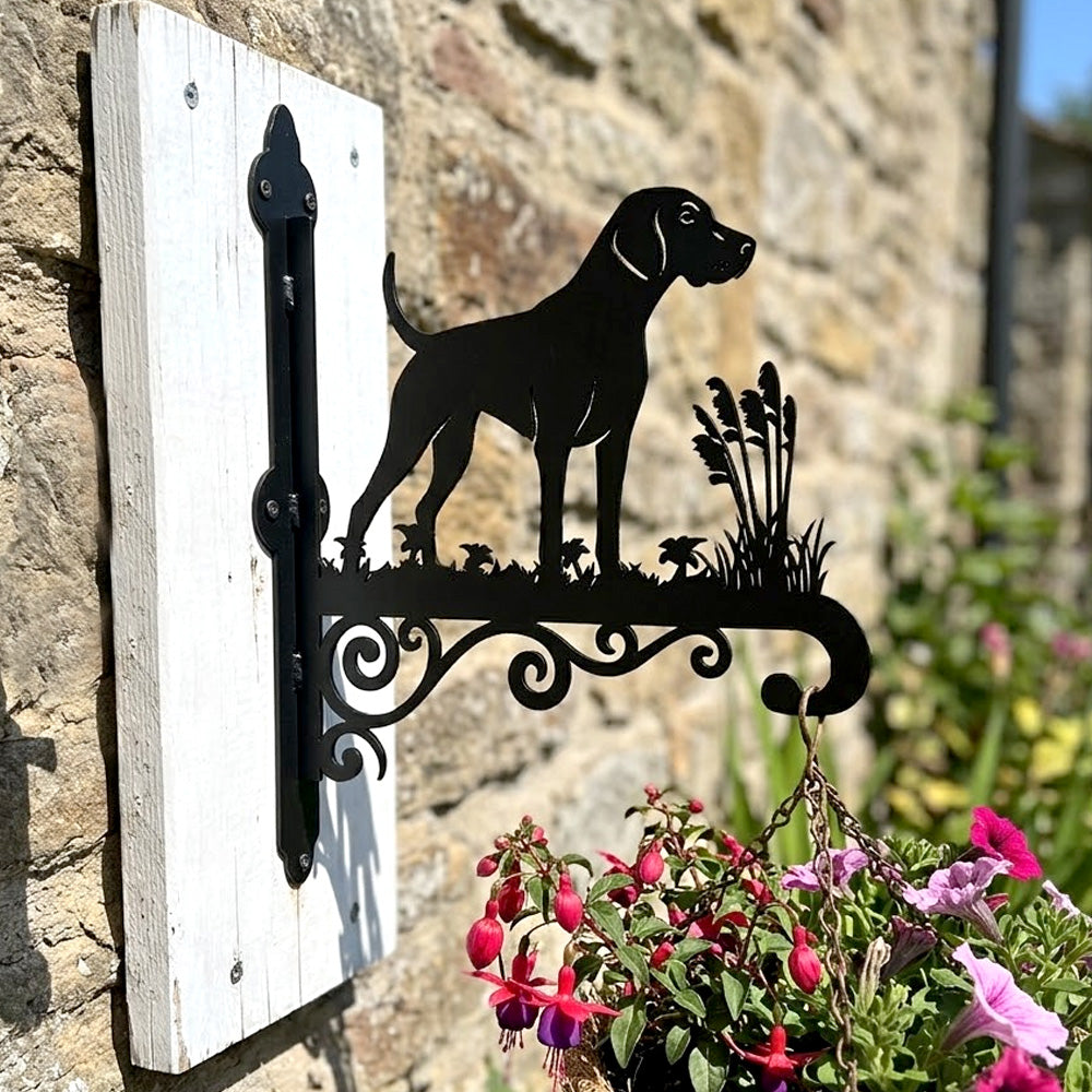 German shorthaired pointer metal hanging basket bracket mounted on outdoor wall for plant decoration
