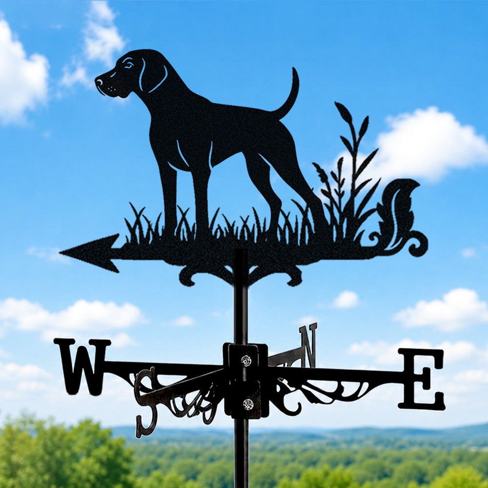 German Shorthaired Pointer metal weather vane with directional arrows and mounting rod, outdoor roof and garden decoration