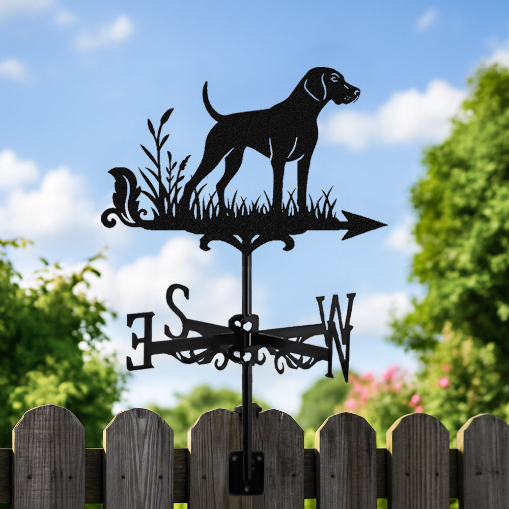 German Shorthaired Pointer metal weather vane with directional arrows and mounting rod, outdoor roof and garden decoration