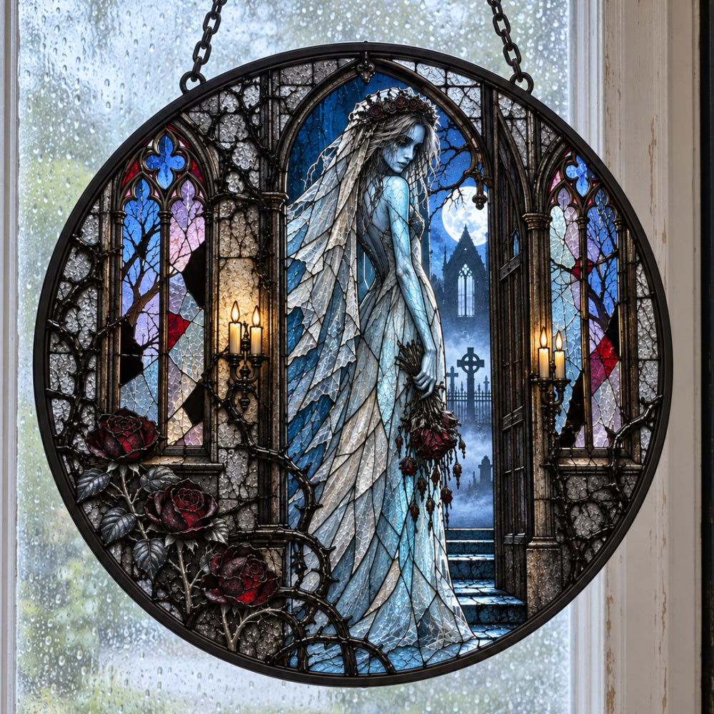 Ghost Bride Halloween stained glass suncatcher window hanging, suitable for home and garden decoration