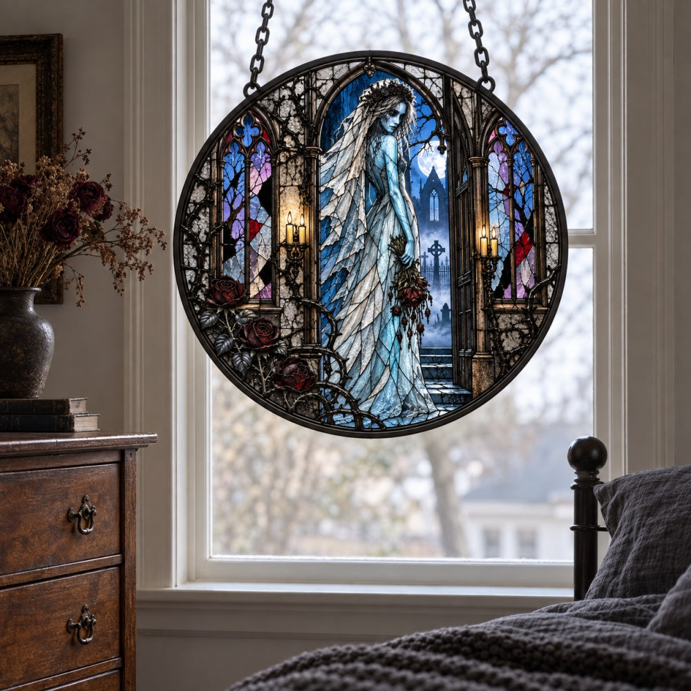Ghost Bride Halloween stained glass suncatcher window hanging, suitable for home and garden decoration
