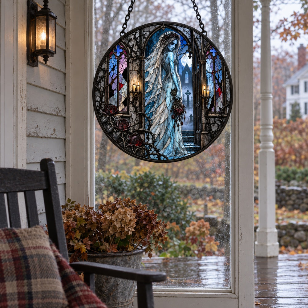 Ghost Bride Halloween stained glass suncatcher window hanging, suitable for home and garden decoration