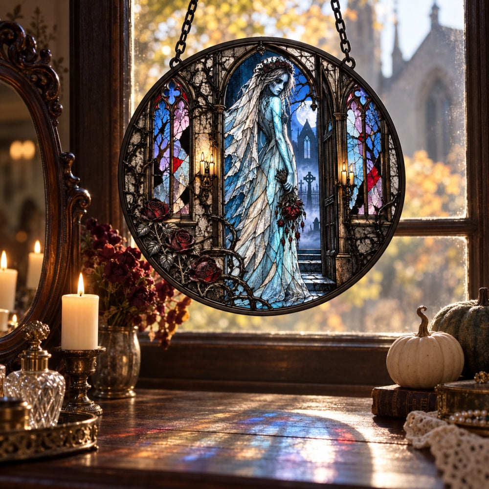 Ghost Bride Halloween stained glass suncatcher window hanging, suitable for home and garden decoration