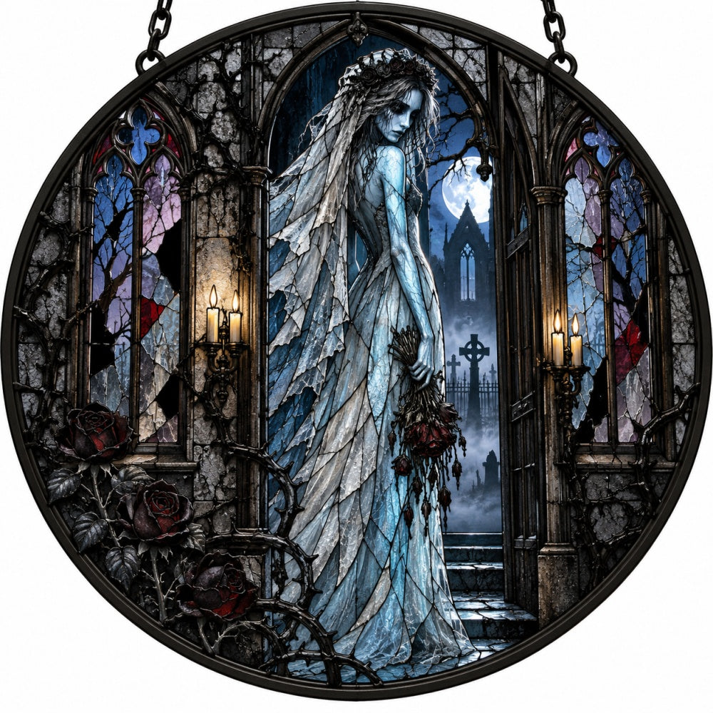 Ghost Bride Halloween stained glass suncatcher window hanging, suitable for home and garden decoration