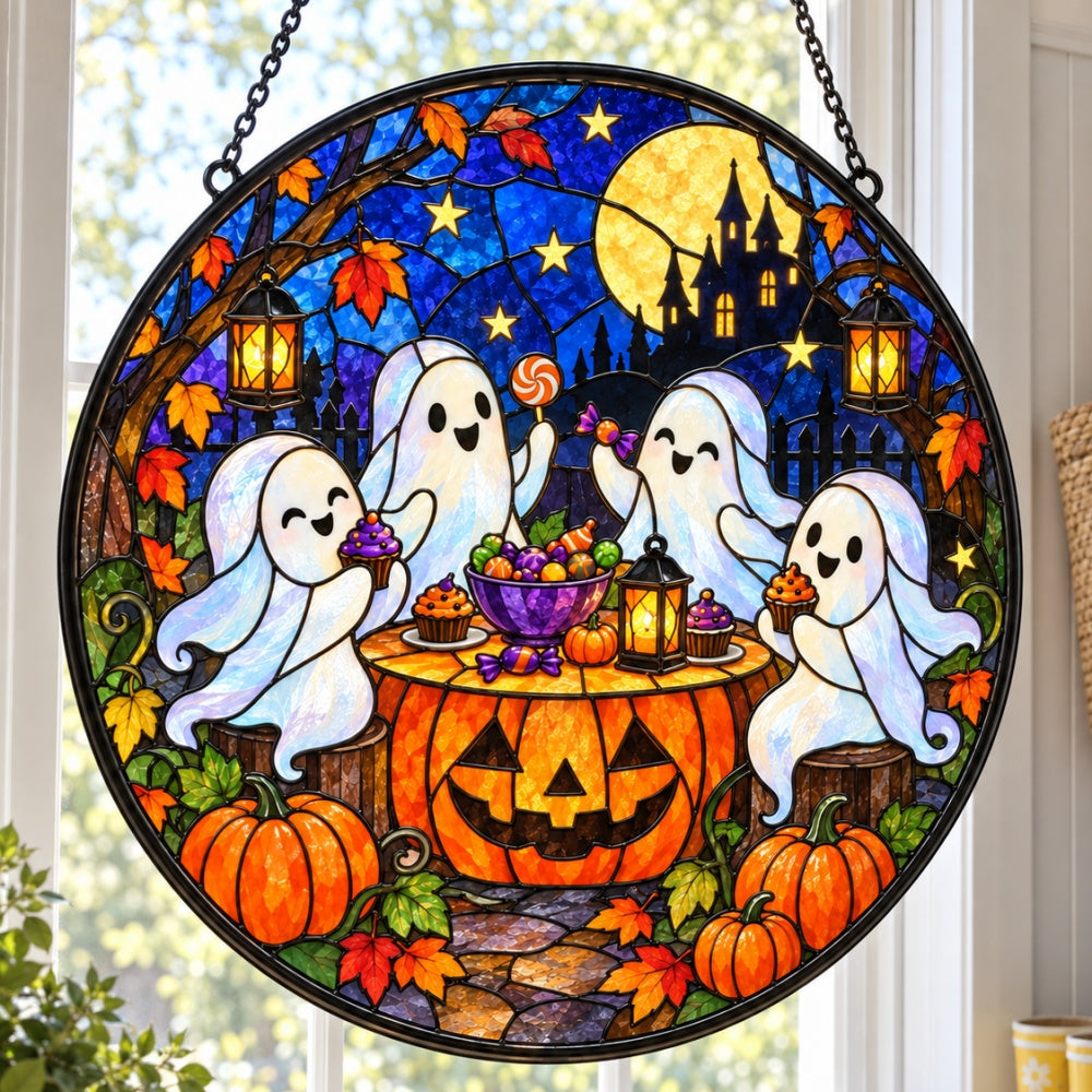 Ghost Candy Party Halloween stained glass suncatcher window hanging, suitable for home and garden decoration