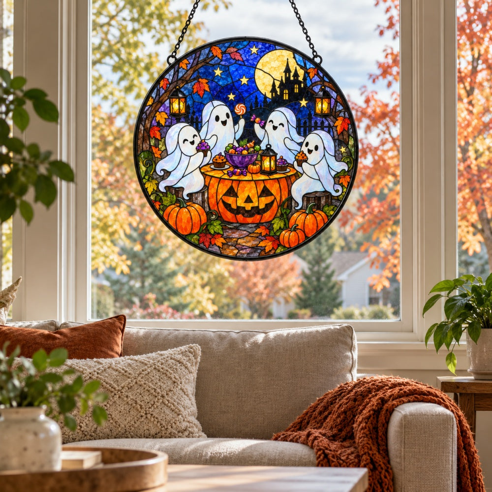 Ghost Candy Party Halloween stained glass suncatcher window hanging, suitable for home and garden decoration