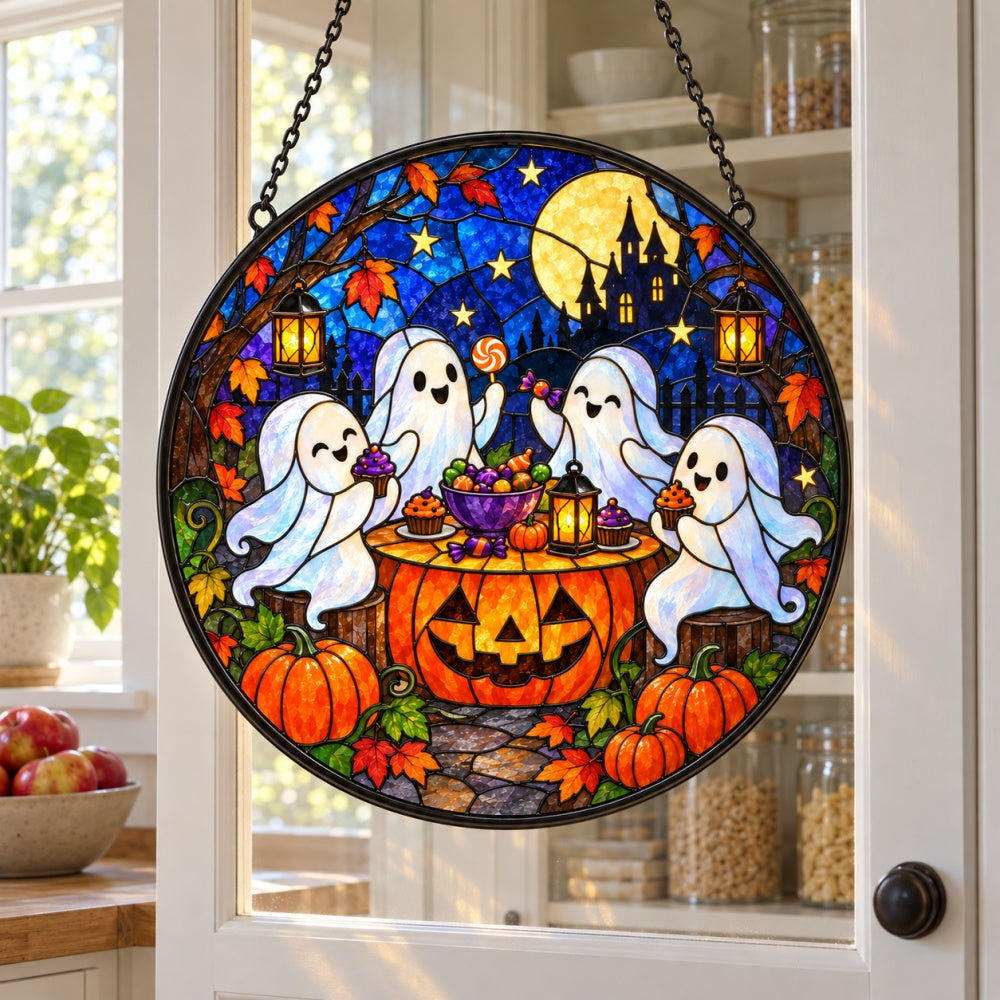 Ghost Candy Party Halloween stained glass suncatcher window hanging, suitable for home and garden decoration