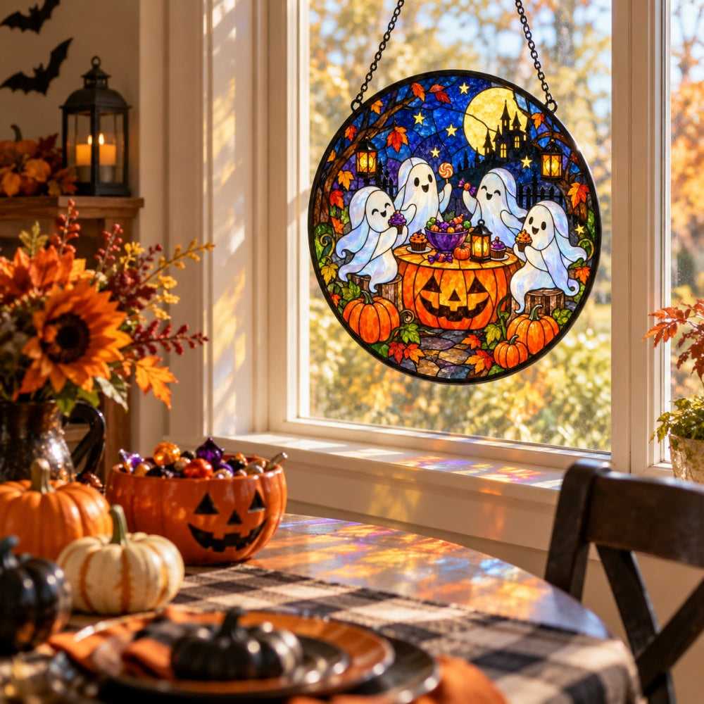 Ghost Candy Party Halloween stained glass suncatcher window hanging, suitable for home and garden decoration