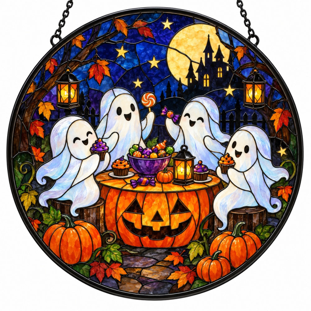 Ghost Candy Party Halloween stained glass suncatcher window hanging, suitable for home and garden decoration
