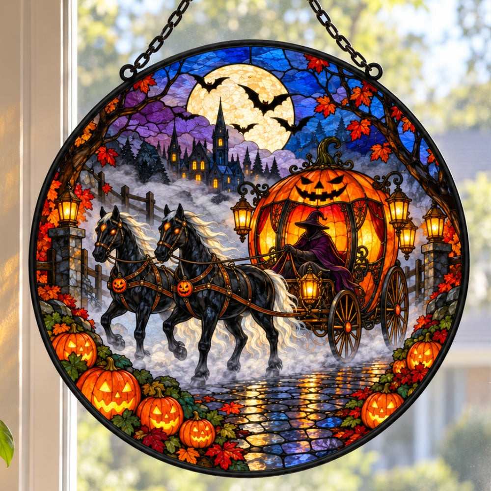 Ghost Pumpkin Carriage Halloween stained glass suncatcher window hanging, suitable for home and garden decoration