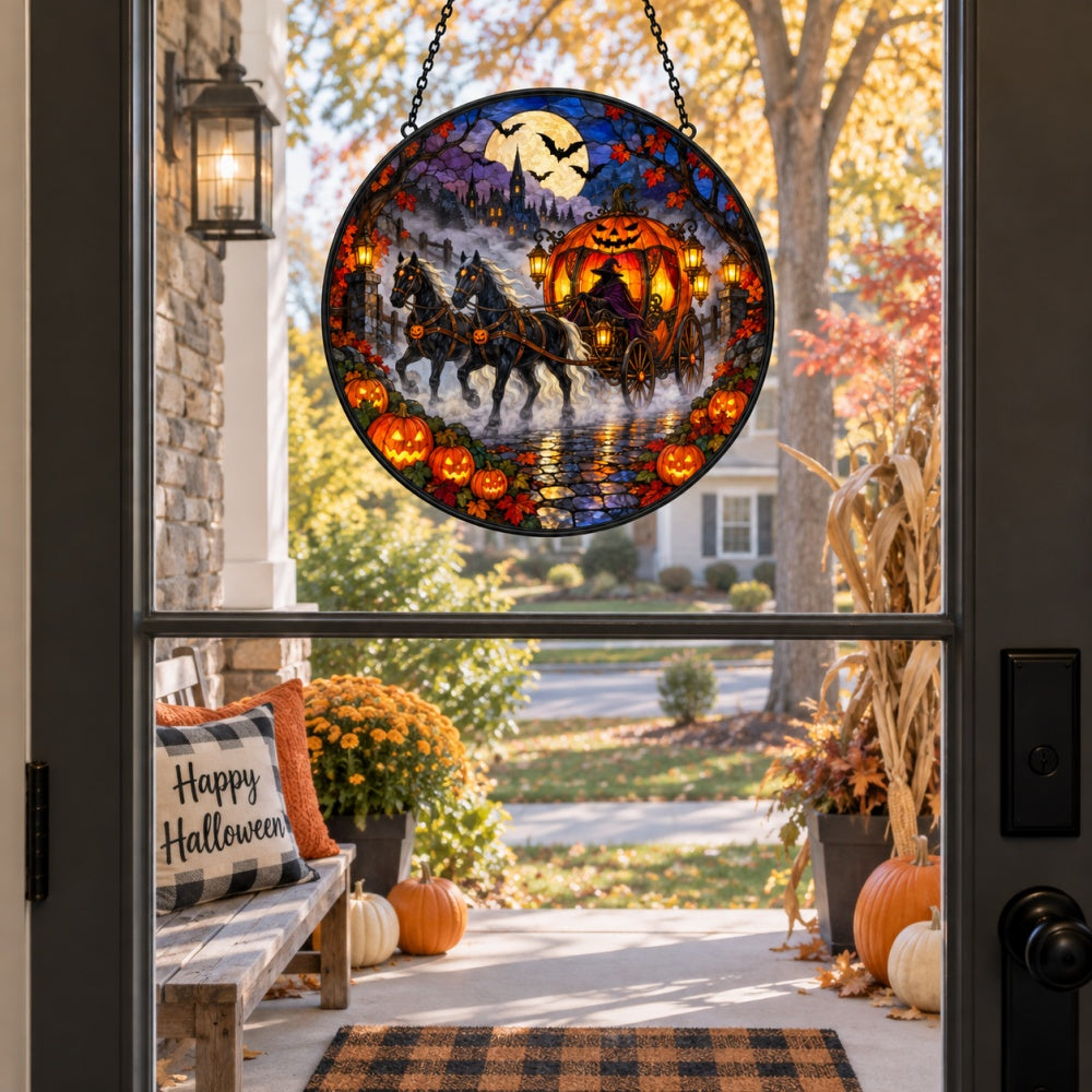 Ghost Pumpkin Carriage Halloween stained glass suncatcher window hanging, suitable for home and garden decoration
