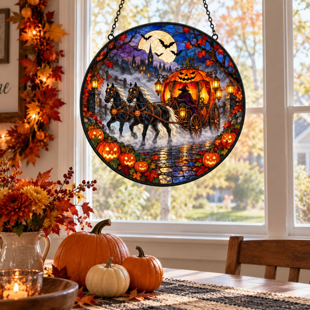 Ghost Pumpkin Carriage Halloween stained glass suncatcher window hanging, suitable for home and garden decoration