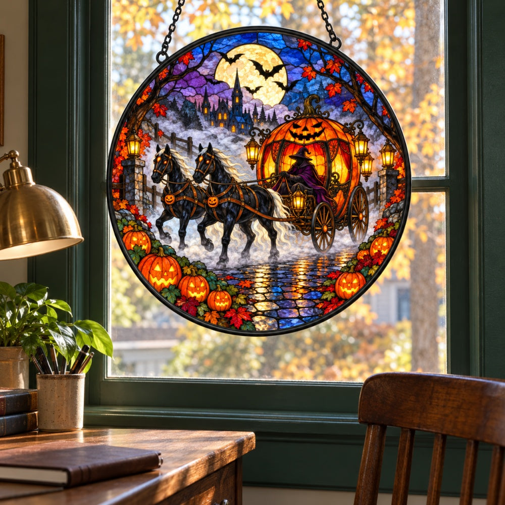 Ghost Pumpkin Carriage Halloween stained glass suncatcher window hanging, suitable for home and garden decoration