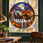 Ghost Pumpkin Carriage Halloween stained glass suncatcher window hanging, suitable for home and garden decoration
