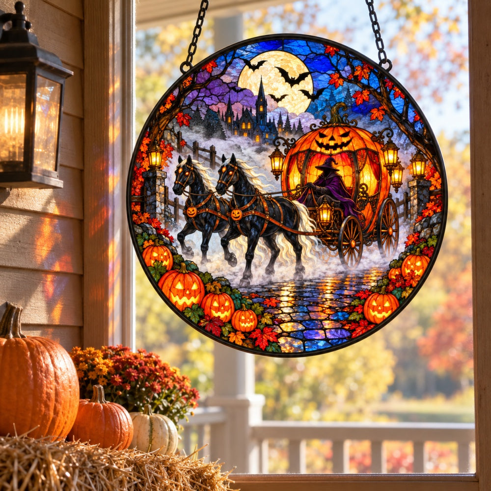 Ghost Pumpkin Carriage Halloween stained glass suncatcher window hanging, suitable for home and garden decoration