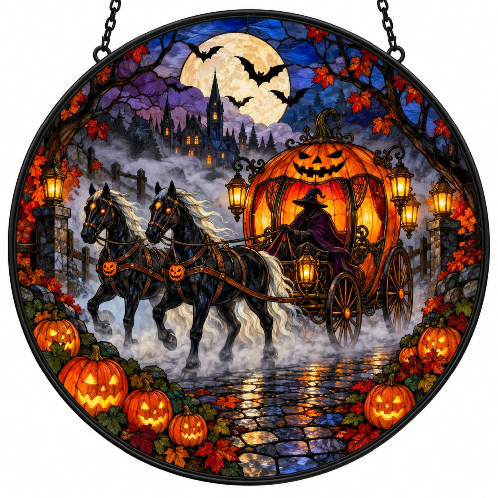 Ghost Pumpkin Carriage Halloween stained glass suncatcher window hanging, suitable for home and garden decoration