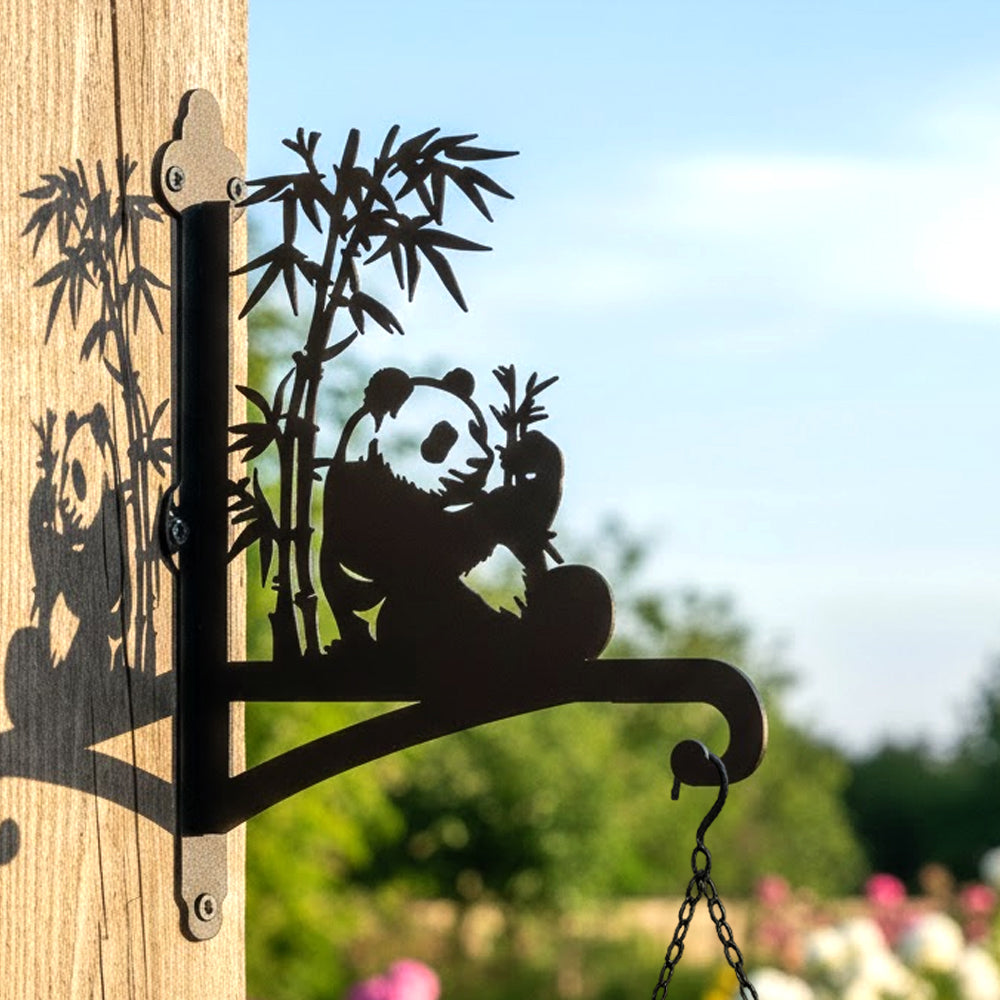 Giant panda eating bamboo metal hanging basket bracket mounted on outdoor wall for plant decoration