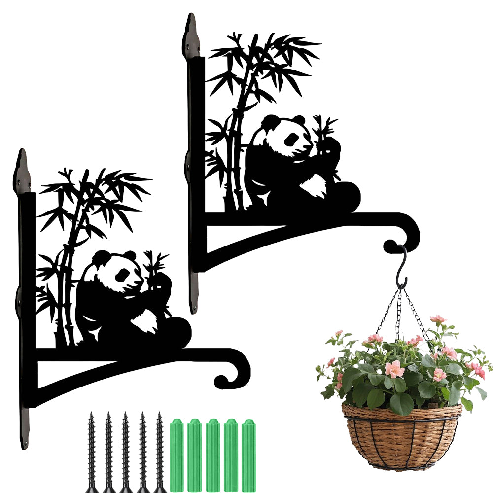 Giant panda eating bamboo metal hanging basket bracket mounted on outdoor wall for plant decoration