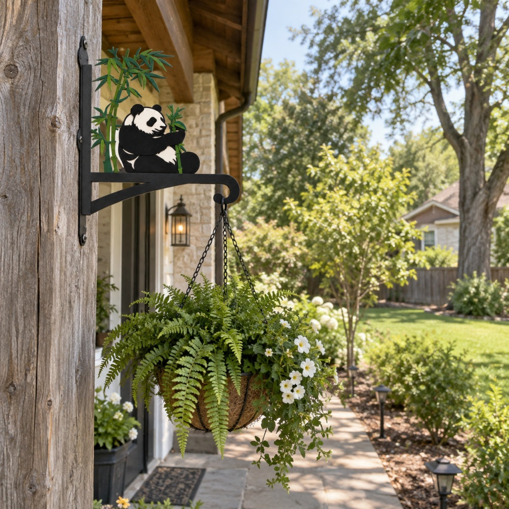 Giant panda eating bamboo metal hanging basket bracket mounted on outdoor wall for plant decoration