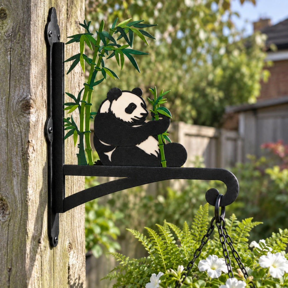 Giant panda eating bamboo metal hanging basket bracket mounted on outdoor wall for plant decoration