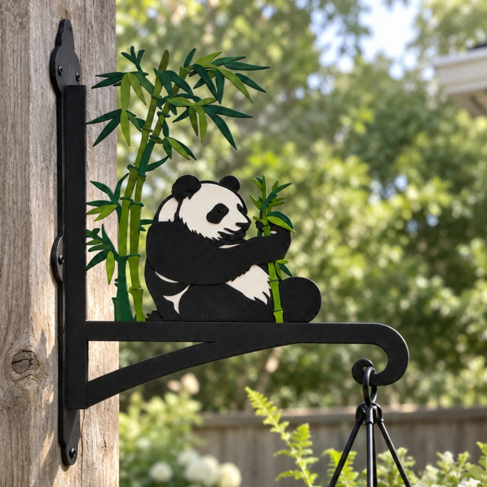 Giant panda eating bamboo metal hanging basket bracket mounted on outdoor wall for plant decoration