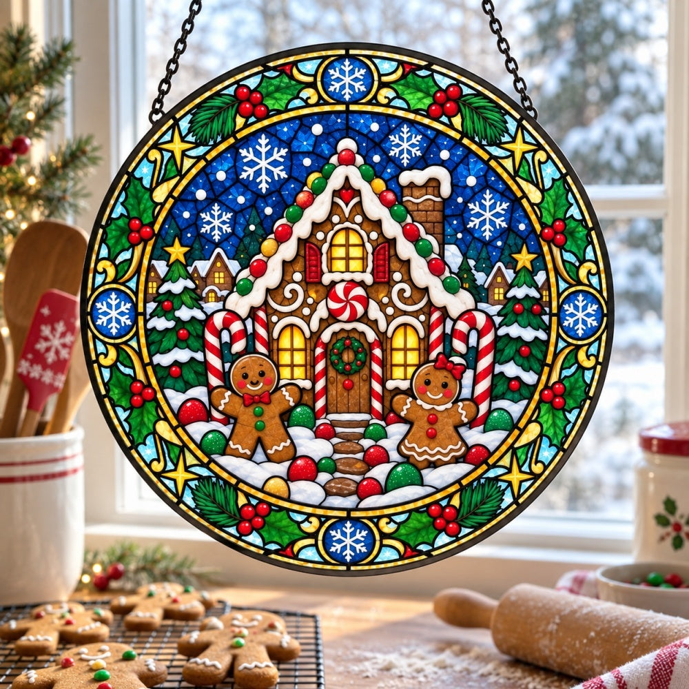 Gingerbread house stained glass suncatcher window hanging, suitable for home and garden decoration