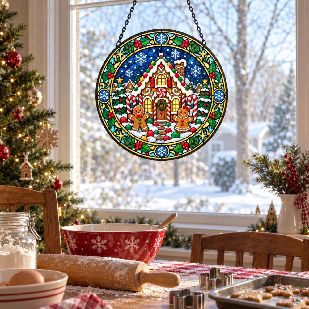 Gingerbread house stained glass suncatcher window hanging, suitable for home and garden decoration