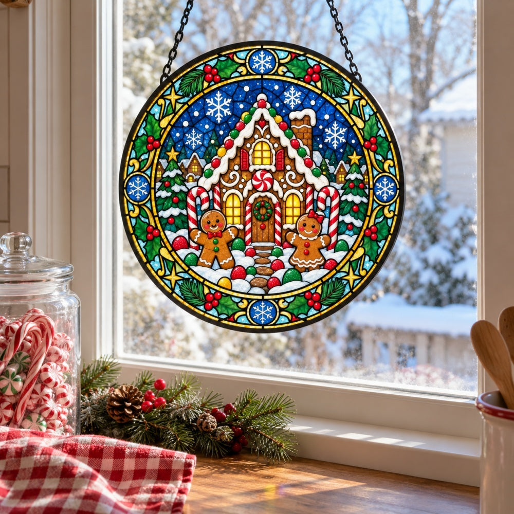 Gingerbread house stained glass suncatcher window hanging, suitable for home and garden decoration