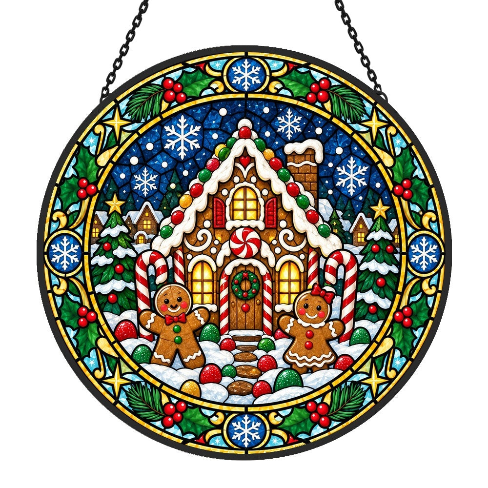 Gingerbread house stained glass suncatcher window hanging, suitable for home and garden decoration