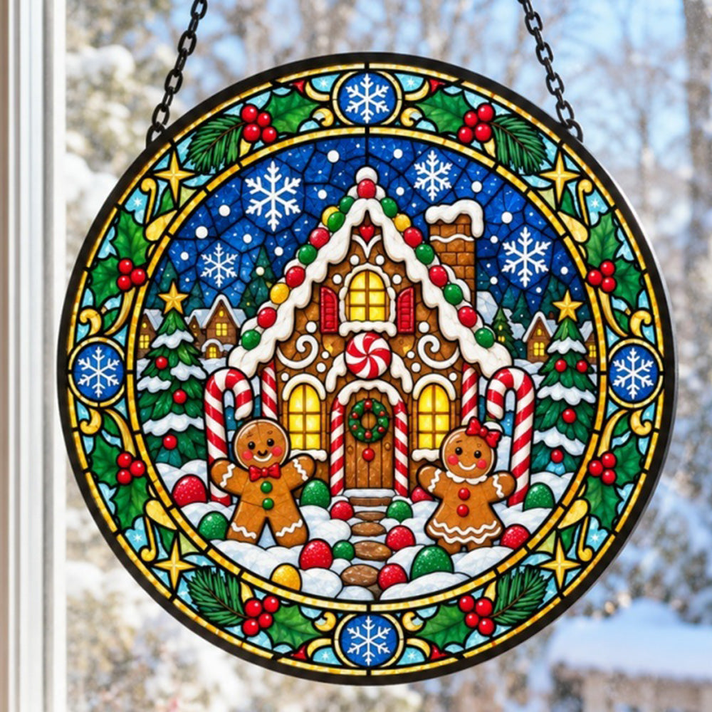 Gingerbread house stained glass suncatcher window hanging, suitable for home and garden decoration