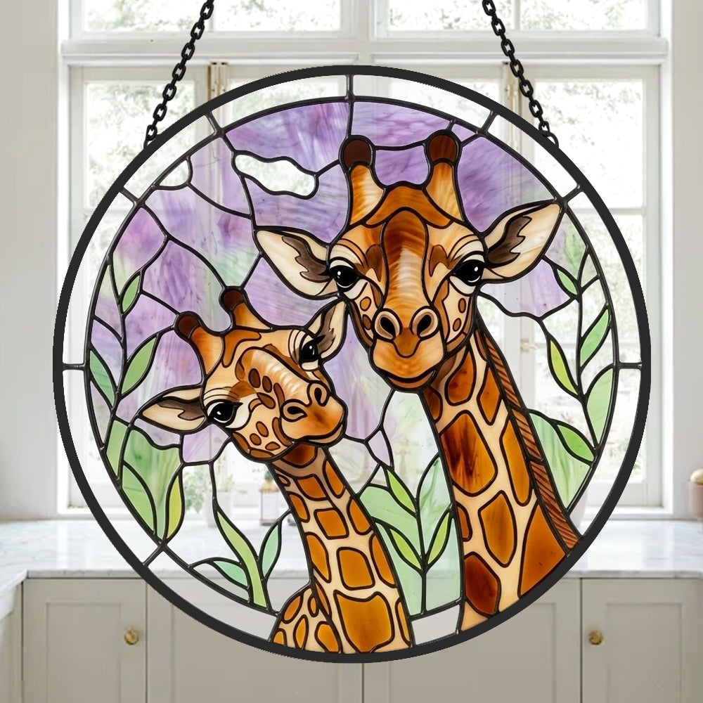 Giraffe and calf stained glass suncatcher window hanging, suitable for home and garden decoration