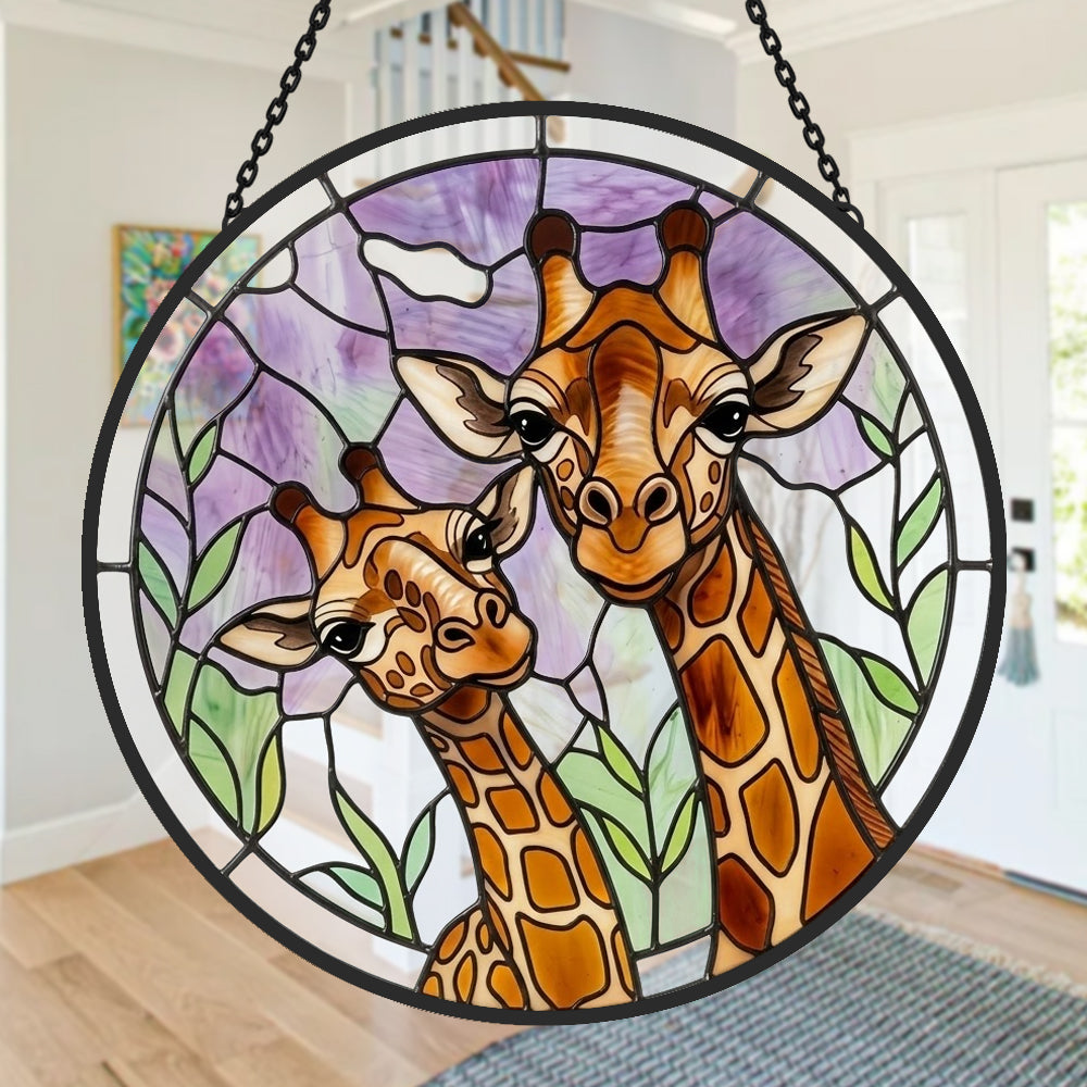 Giraffe and calf stained glass suncatcher window hanging, suitable for home and garden decoration