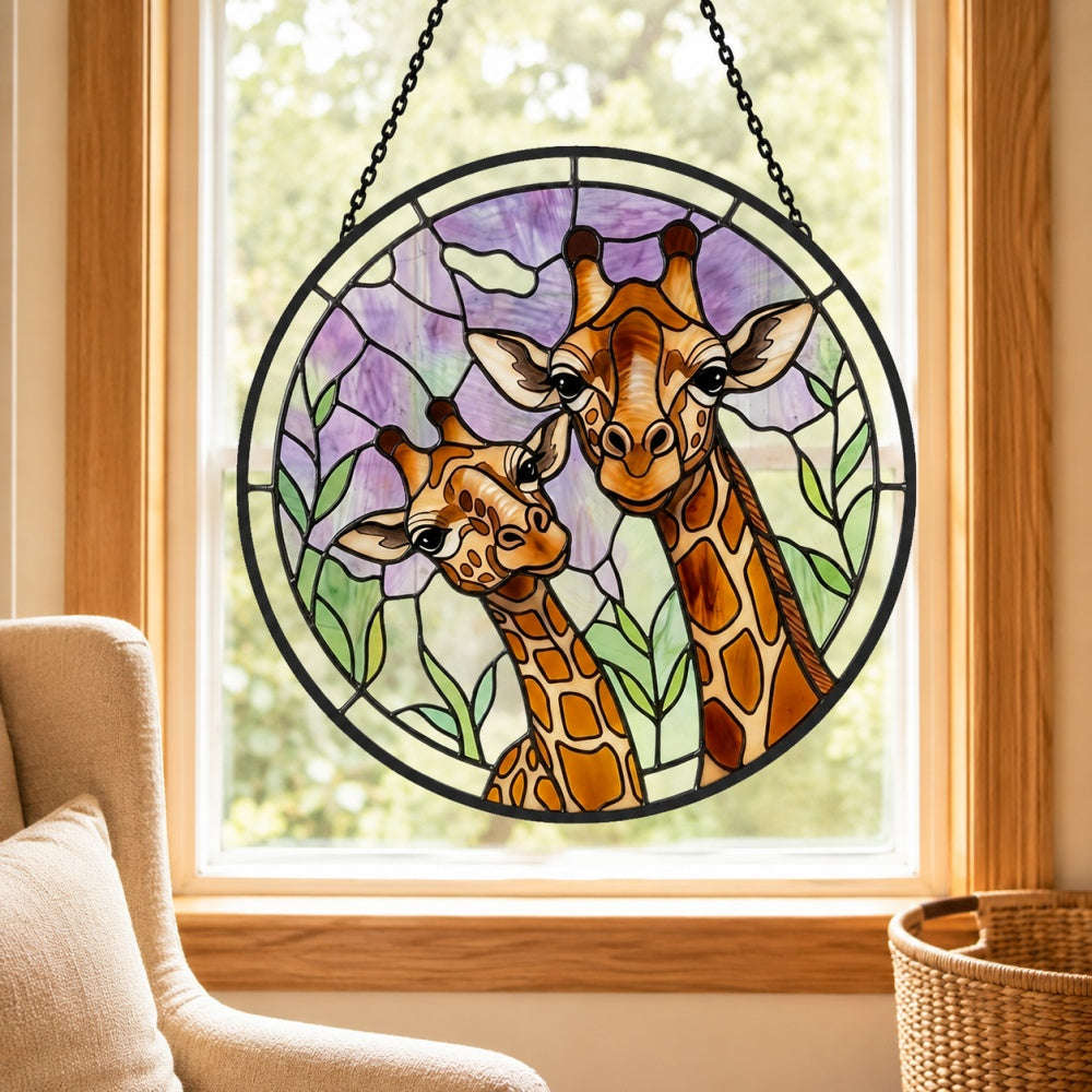 Giraffe and calf stained glass suncatcher window hanging, suitable for home and garden decoration