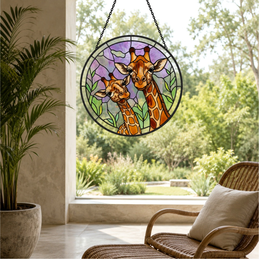 Giraffe and calf stained glass suncatcher window hanging, suitable for home and garden decoration