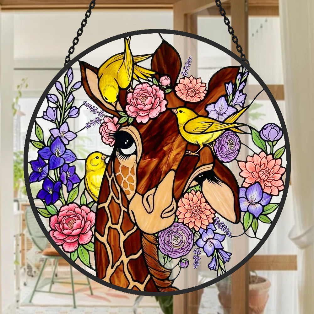 Giraffe and floral stained glass suncatcher window hanging, suitable for home and garden decoration