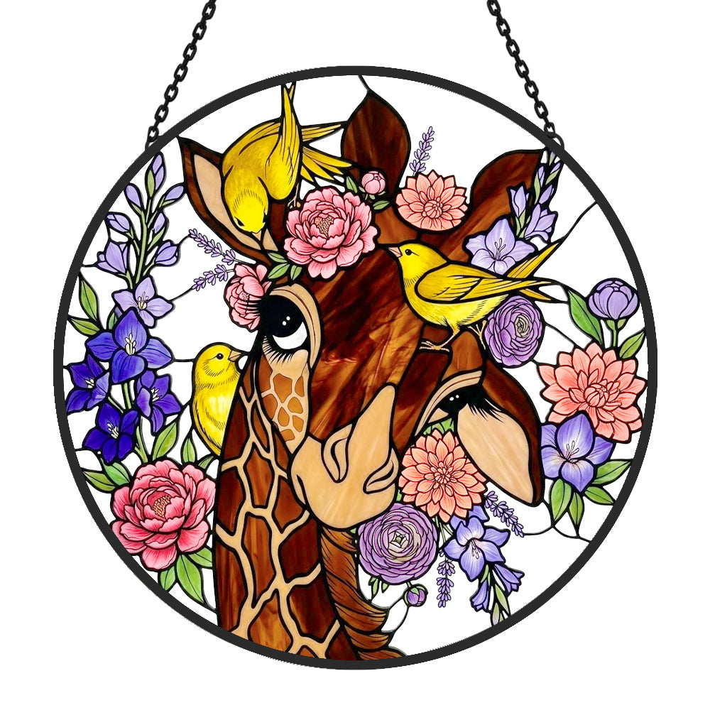 Giraffe and floral stained glass suncatcher window hanging, suitable for home and garden decoration