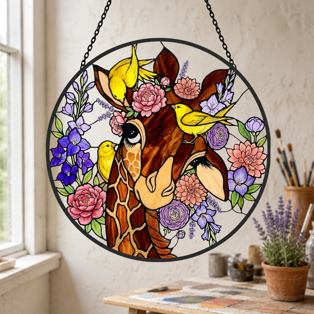 Giraffe and floral stained glass suncatcher window hanging, suitable for home and garden decoration