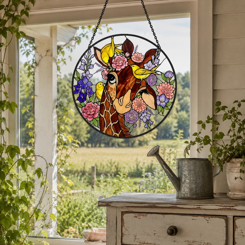 Giraffe and floral stained glass suncatcher window hanging, suitable for home and garden decoration