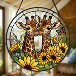 Giraffe couple with sunflowers stained glass suncatcher window hanging, suitable for home and garden decoration