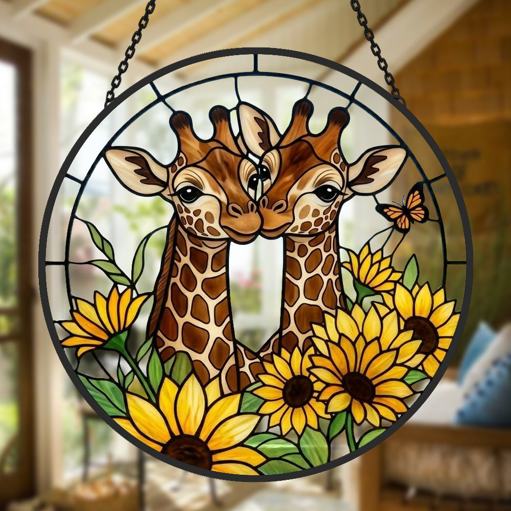 Giraffe couple with sunflowers stained glass suncatcher window hanging, suitable for home and garden decoration