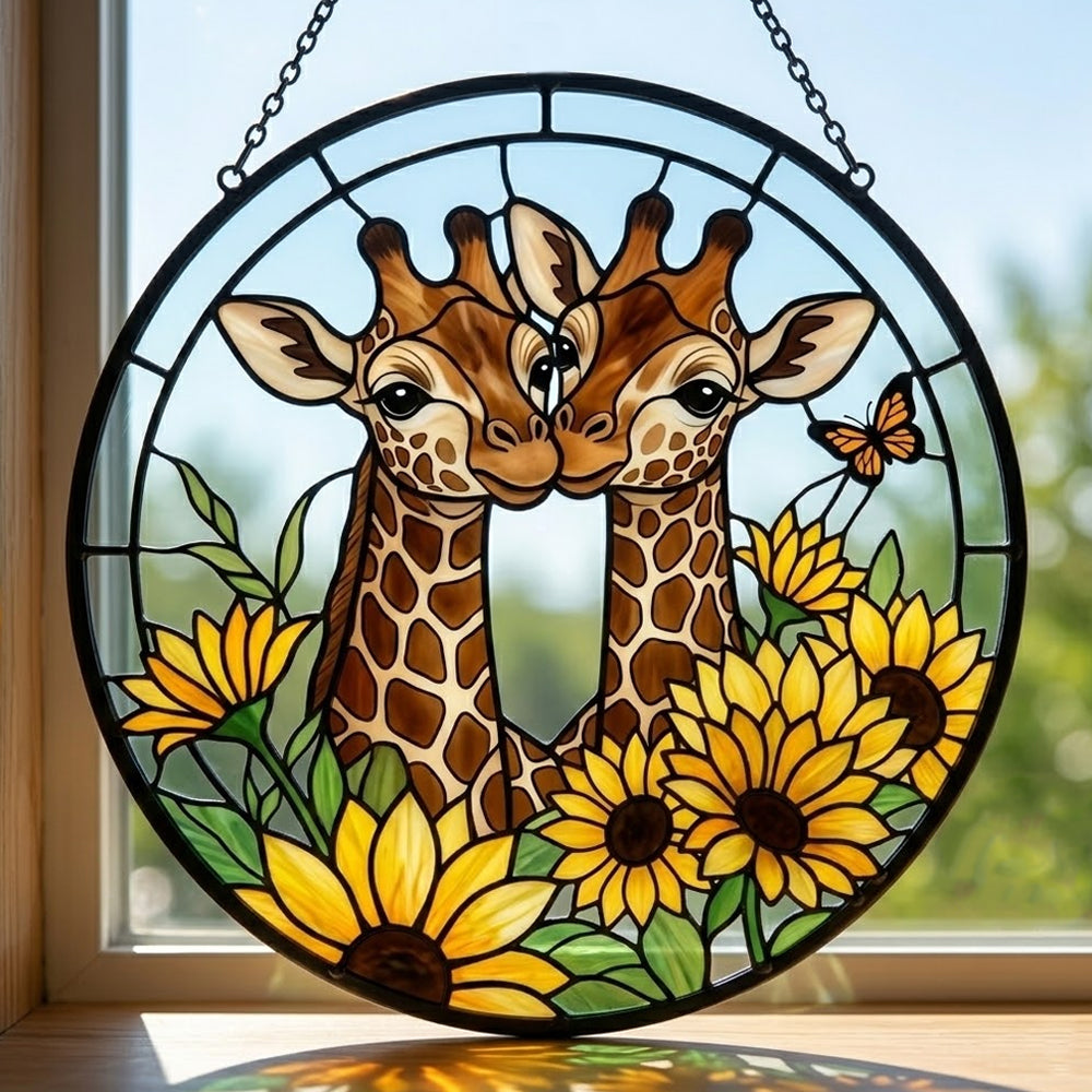 Giraffe couple with sunflowers stained glass suncatcher window hanging, suitable for home and garden decoration