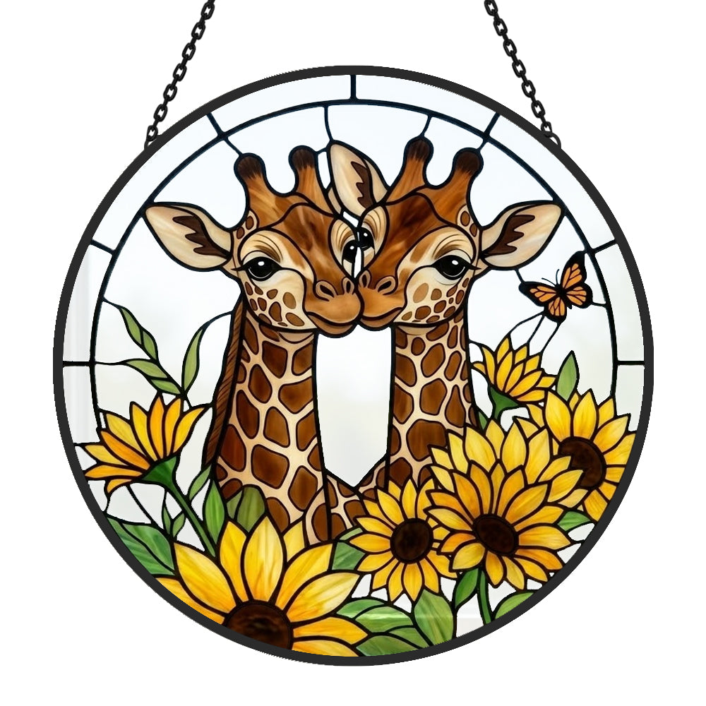 Giraffe couple with sunflowers stained glass suncatcher window hanging, suitable for home and garden decoration