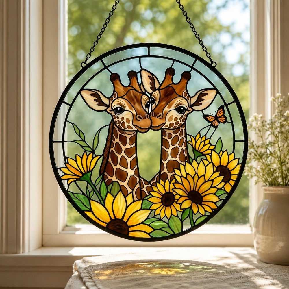 Giraffe couple with sunflowers stained glass suncatcher window hanging, suitable for home and garden decoration