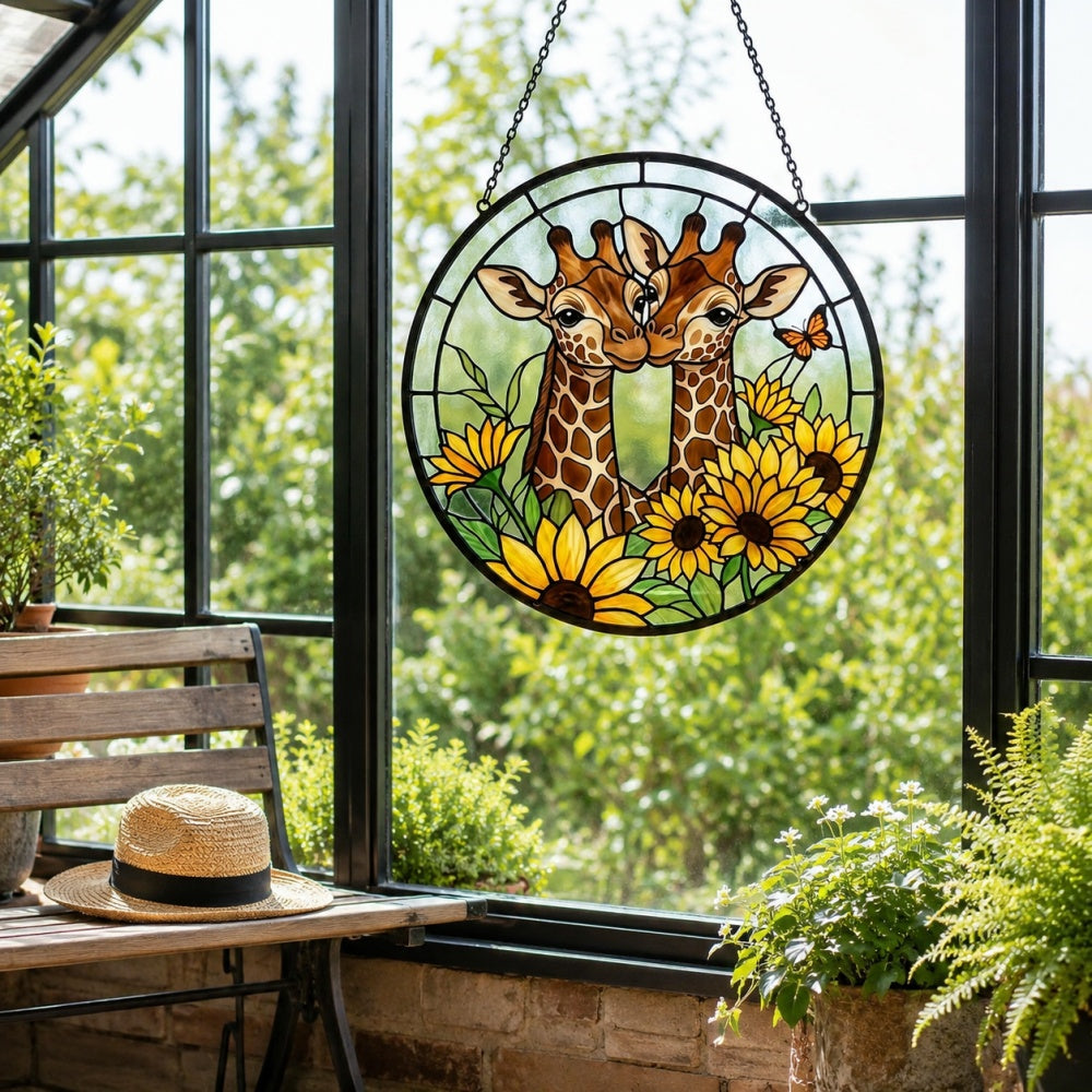Giraffe couple with sunflowers stained glass suncatcher window hanging, suitable for home and garden decoration