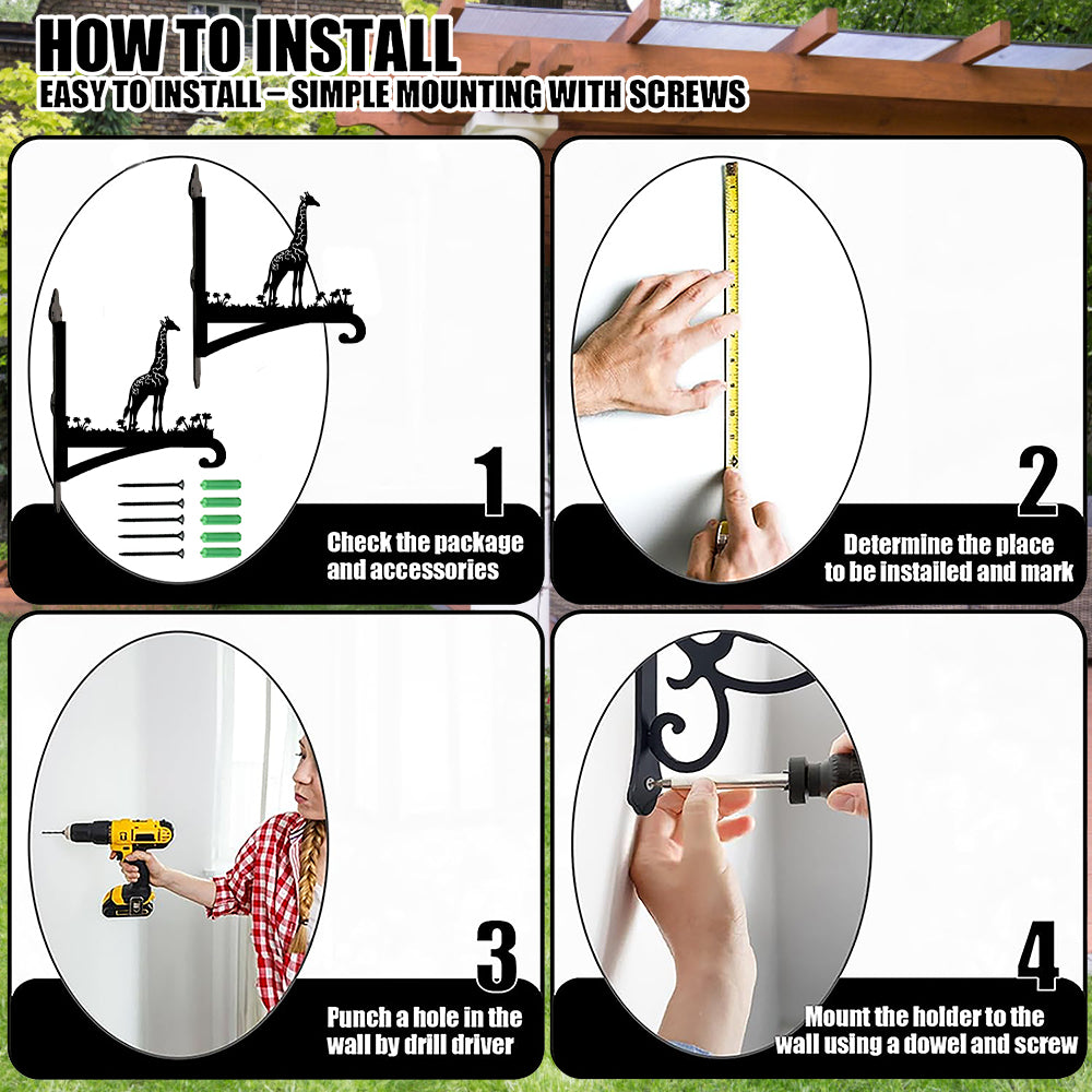 Giraffe metal hanging basket bracket mounted on outdoor wall for plant decoration