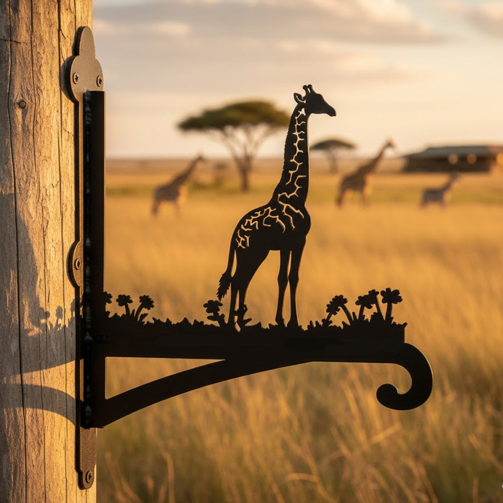 Giraffe metal hanging basket bracket mounted on outdoor wall for plant decoration