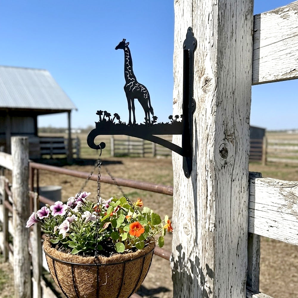 Giraffe metal hanging basket bracket mounted on outdoor wall for plant decoration